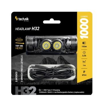 Technik Fejlámpa H32 (+1x18650) OSRAM P9 + USB-C (1000 lumen)